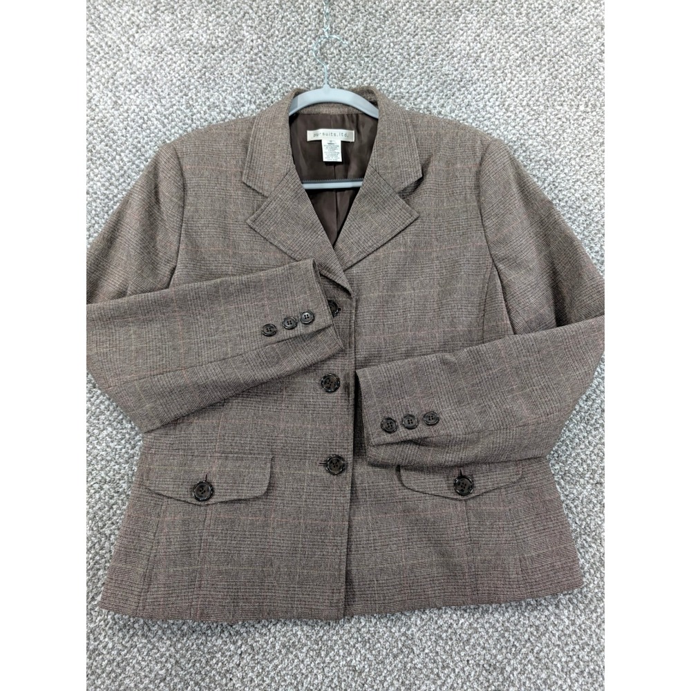 Pursuits Ltd Womens Brown Plaid Blazer Jacket Size 12 Glen Check 3 Button Lined